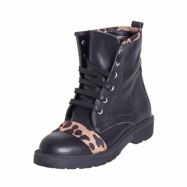 Anfibi donna neri con riporti leopardo base marrone made in italy