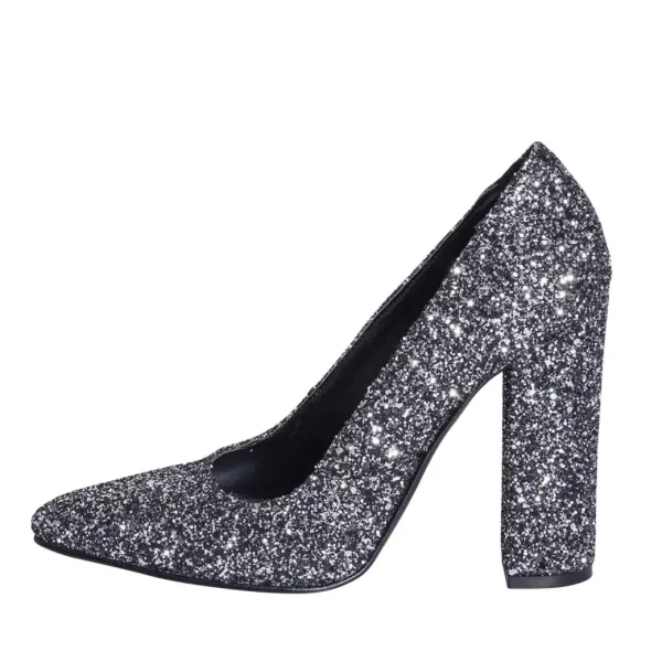 Decoltè a punta tacco alto in pelle e glitter nero - Studio Creazioni