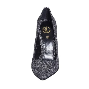 Decoltè a punta tacco alto in pelle e glitter nero - Studio Creazioni