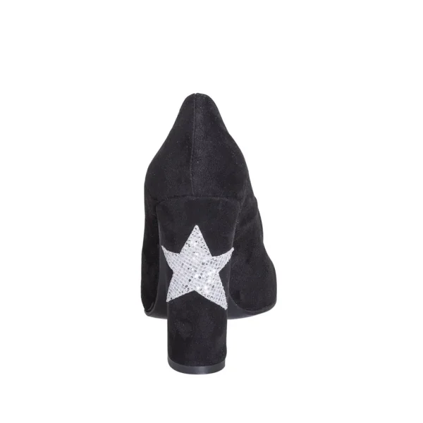 Decoltè donna con tacco largo in camoscio nero con stella glitter