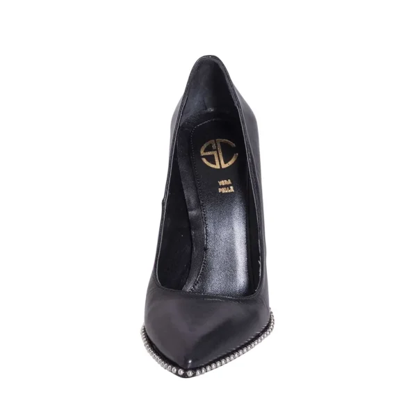 Decoltè donna con tacco largo in pelle nero con borchie made in italy