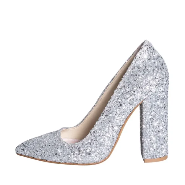 Decolte glitter argento con tacco alto largo made in italy vera pelle