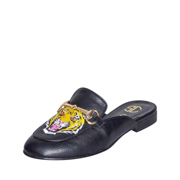 Mocassini slippers donna neri con ricamo tigre morsetto made in italy