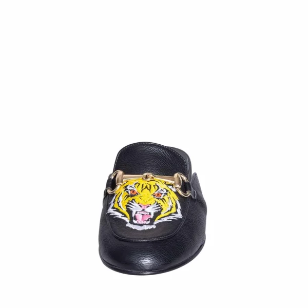 Mocassini slippers donna neri con ricamo tigre morsetto made in italy