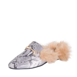 Mocassino donna con pelliccia sabot pitone con morsetto made in italy