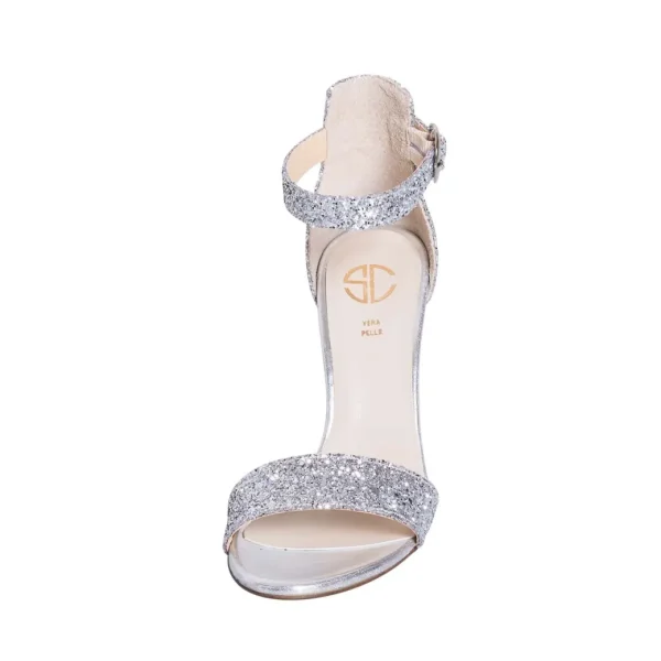Sandali con tacco largo glitter argento made in italy studio creazioni
