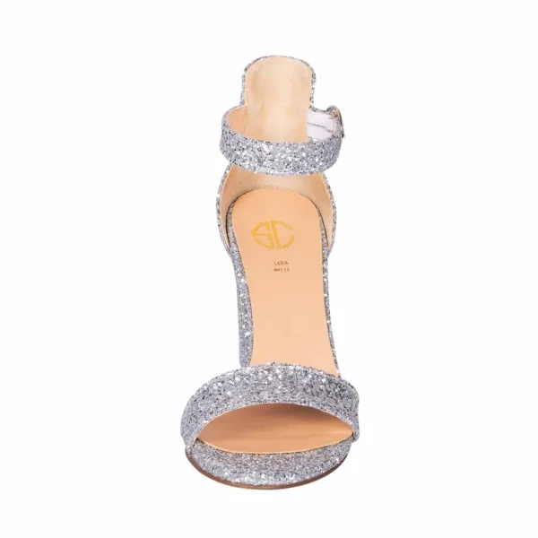 Sandali con tacco largo glitter argento made in italy studio creazioni
