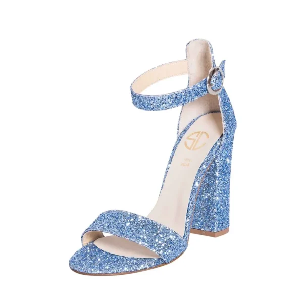 Sandali con tacco largo glitter turchese made in italy studio creazioni