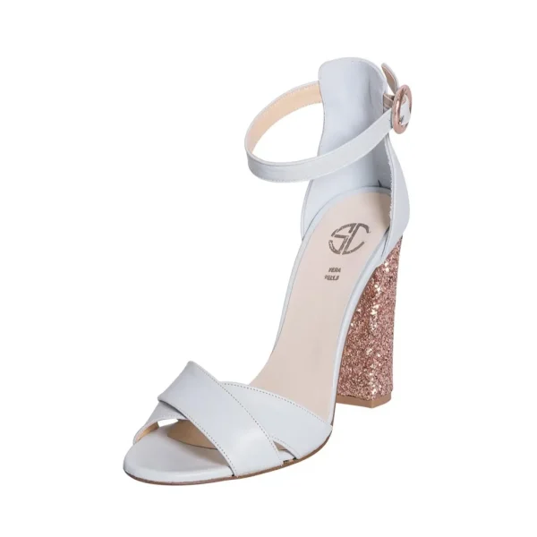 Sandali con tacco largo pelle grigio con tacco glitter made in italy