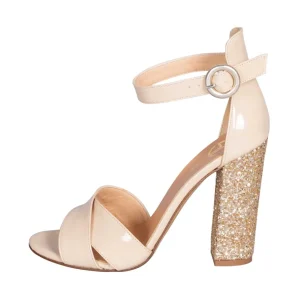 Sandali con tacco largo vernice nude con tacco glitter made in italy