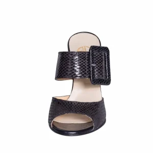 Sandali con tacco neri con fascia e fibbione su collo piede alti 9 cm