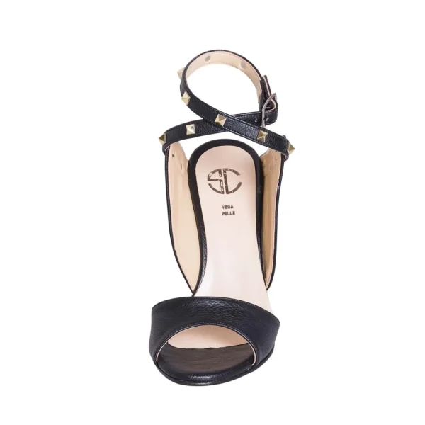 Sandali con tacco targo eco pelle nero con borchie oro piramidali