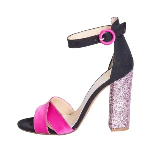 Sandali donna con tacco alto largo multicolor raso fucsia camoscio nero