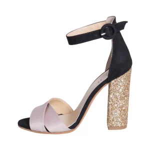 Sandali donna con tacco alto largo multicolor raso taupe camoscio nero