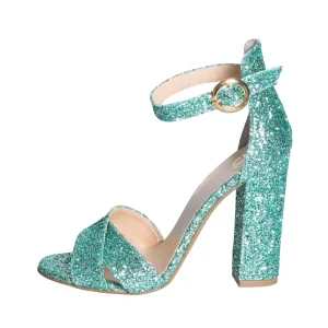 Sandali in glitter verde con tacco largo made in italy fantastici