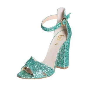 Sandali in glitter verde con tacco largo made in italy fantastici