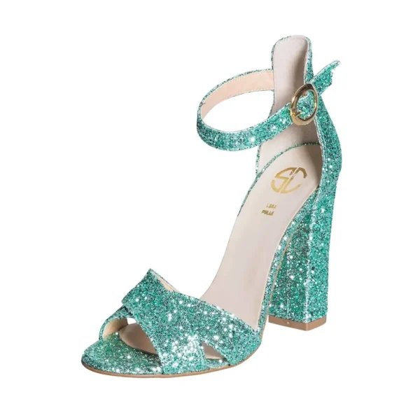 Sandali in glitter verde con tacco largo made in italy fantastici