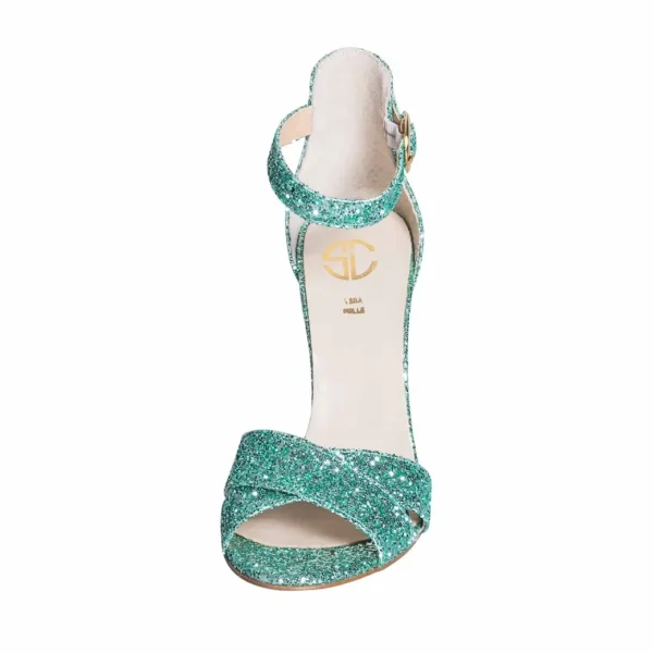 Sandali in glitter verde con tacco largo made in italy fantastici