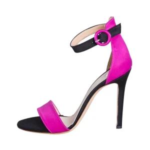 Sandali tacco a spillo 10 cm in raso nero/fucsia made in italy