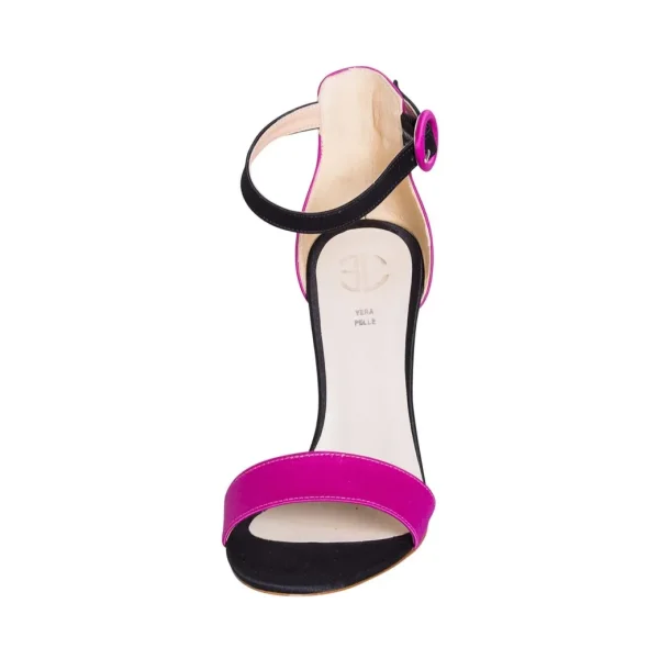 Sandali tacco a spillo 10 cm in raso nero/fucsia made in italy