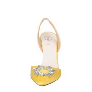 Scarpe a punta in raso giallo con accessorio di strass made in italy