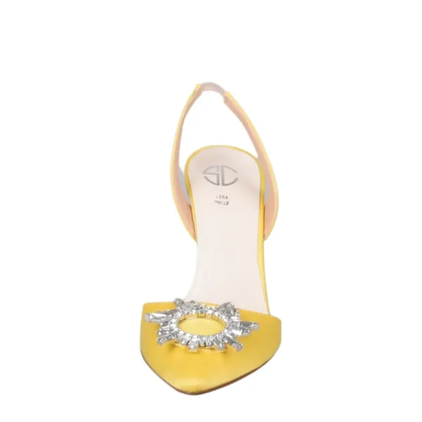 Scarpe a punta in raso giallo con accessorio di strass made in italy