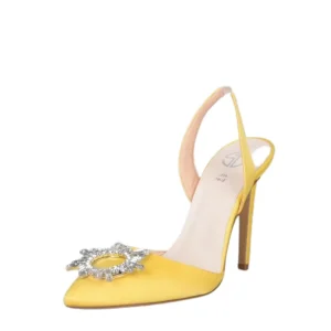 Scarpe a punta in raso giallo con accessorio di strass made in italy