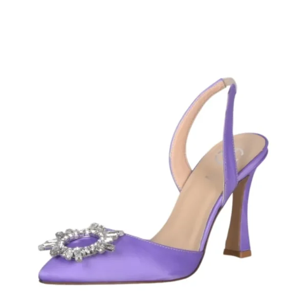Scarpe a punta in raso glicine con accessorio di strass
