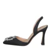 Scarpe a punta in raso nero con accessorio di strass