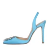 Scarpe a punta in raso turchese con accessorio di strass made in italy
