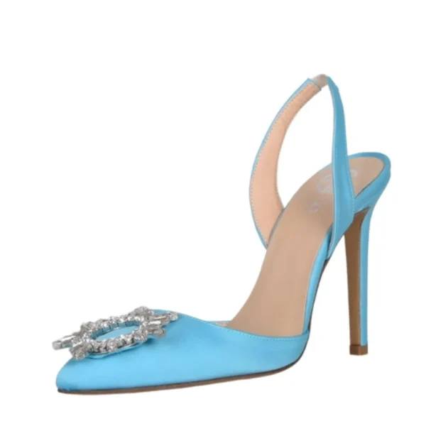 Scarpe a punta in raso turchese con accessorio di strass made in italy