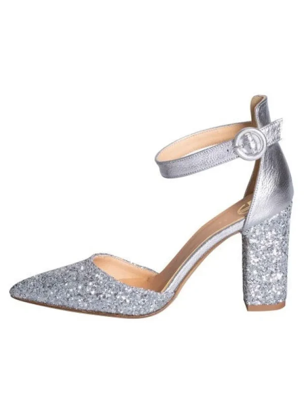 Scarpe argento brillantini in glitter made in italy con tacco 9 largo