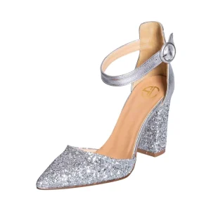 Scarpe argento brillantini in glitter made in italy con tacco 9 largo