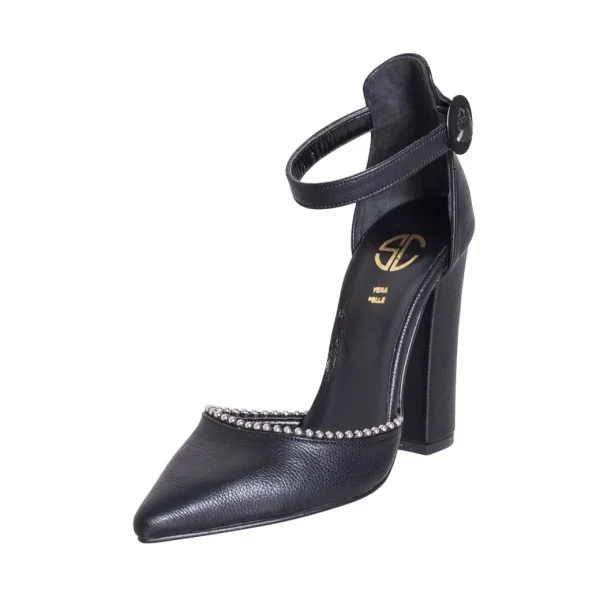 Scarpe con il tacco alto pelle nera a punta made in italy con borchie
