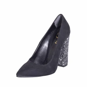 Scarpe decolte nere camoscio con tacco largo glitter- Studio Creazioni