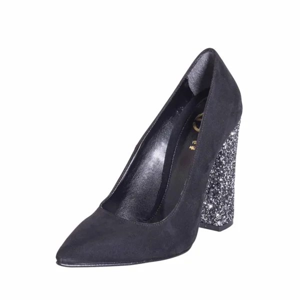Scarpe decolte nere camoscio con tacco largo glitter- Studio Creazioni