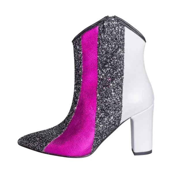 Stivaletti con tacco a punta made in italy laminato fuxia e glitter