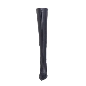 Stivali alti al ginocchio in pelle nera con tacco alto made in italy