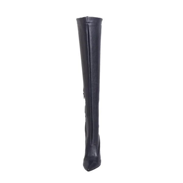 Stivali alti al ginocchio in pelle nera con tacco alto made in italy