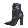 Tronchetti donna a punta in eco pelle nero con cerniere e fibbie rock