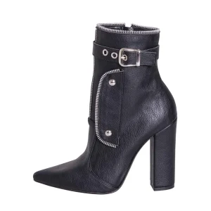 Tronchetti donna a punta in eco pelle nero con cerniere e fibbie rock