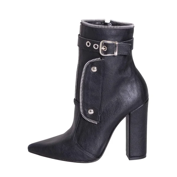 Tronchetti donna a punta in eco pelle nero con cerniere e fibbie rock