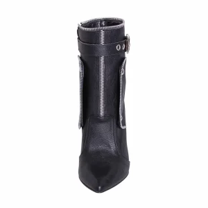 Tronchetti donna a punta in eco pelle nero con cerniere e fibbie rock