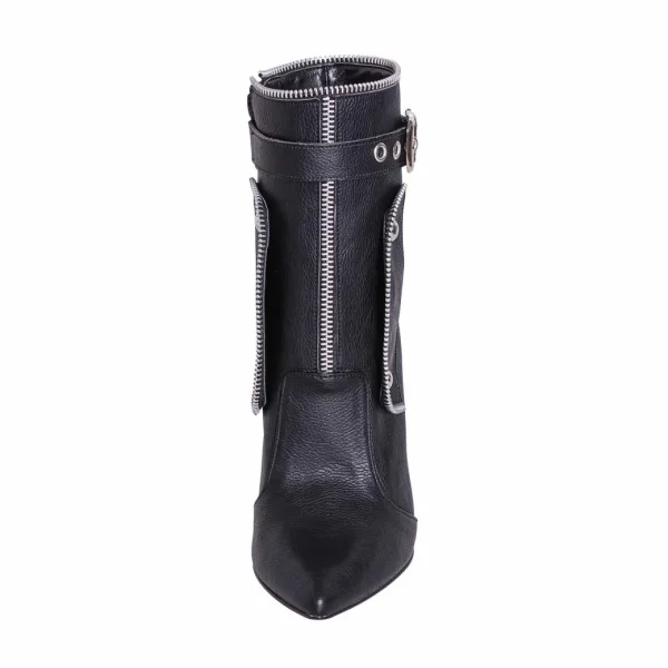 Tronchetti donna a punta in eco pelle nero con cerniere e fibbie rock