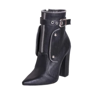 Tronchetti donna a punta in eco pelle nero con cerniere e fibbie rock