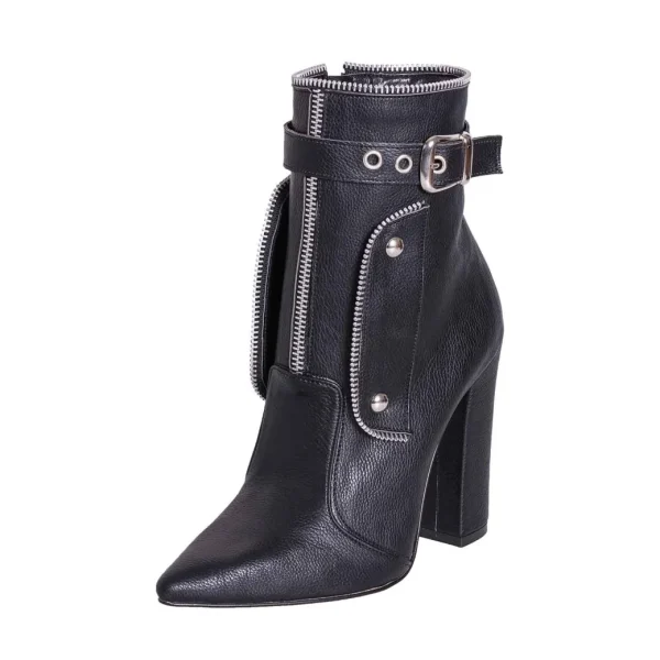 Tronchetti donna a punta in eco pelle nero con cerniere e fibbie rock